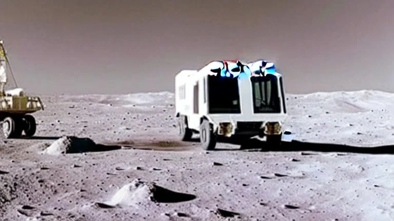 A police Tesla Cybertruck is chasing a Tesla 'Model S Plaid' at top speed on the Moon, by the landing site of the 'Apollo 11'. CINEMATIC. WIDE ANGLE LENS.