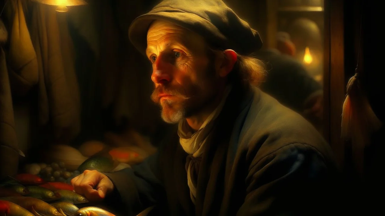 Realistic oil painting of a fishmonger wearing an hat, intricate details in the fish and tools, by Edgar Degas and Jan van Eyck, (close-up shot), warm lighting from hanging bulbs, vibrant colors.