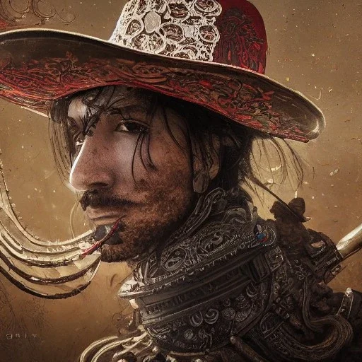 Insanely detailed photograph of an “portrait of a midevil cowboy ” with intricate Sombrero, intricate embroidered charo, beautiful clear face and hyperdetailed painting by Ismail Inceoglu Huang Guangjian and Dan Witz CGSociety ZBrush Central fantasy art album cover art,8K, hdr, romantic, mysterious, ominous, cigar smoke, jewelry, comfort, natural eyes,naked,tasteful