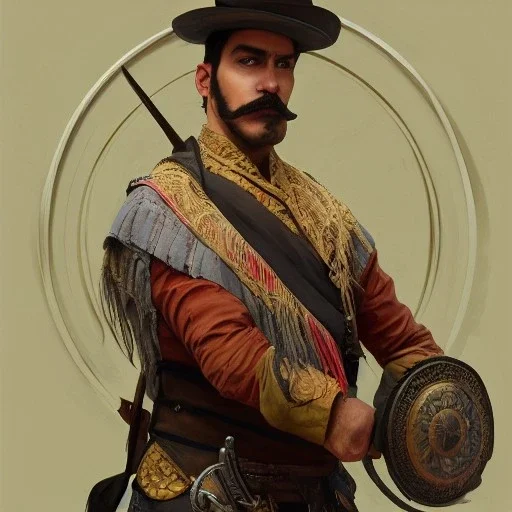 portrait,"Insanely detailed photograph of a male western mustachioed crossbowman", detailed charro, sequenced Sombrero, detailed held dagger, digital painting, artstation, concept art, sharp focus, illustration, art by artgerm and greg rutkowski and alphonse mucha, 8 k,fantasy, unreal engine