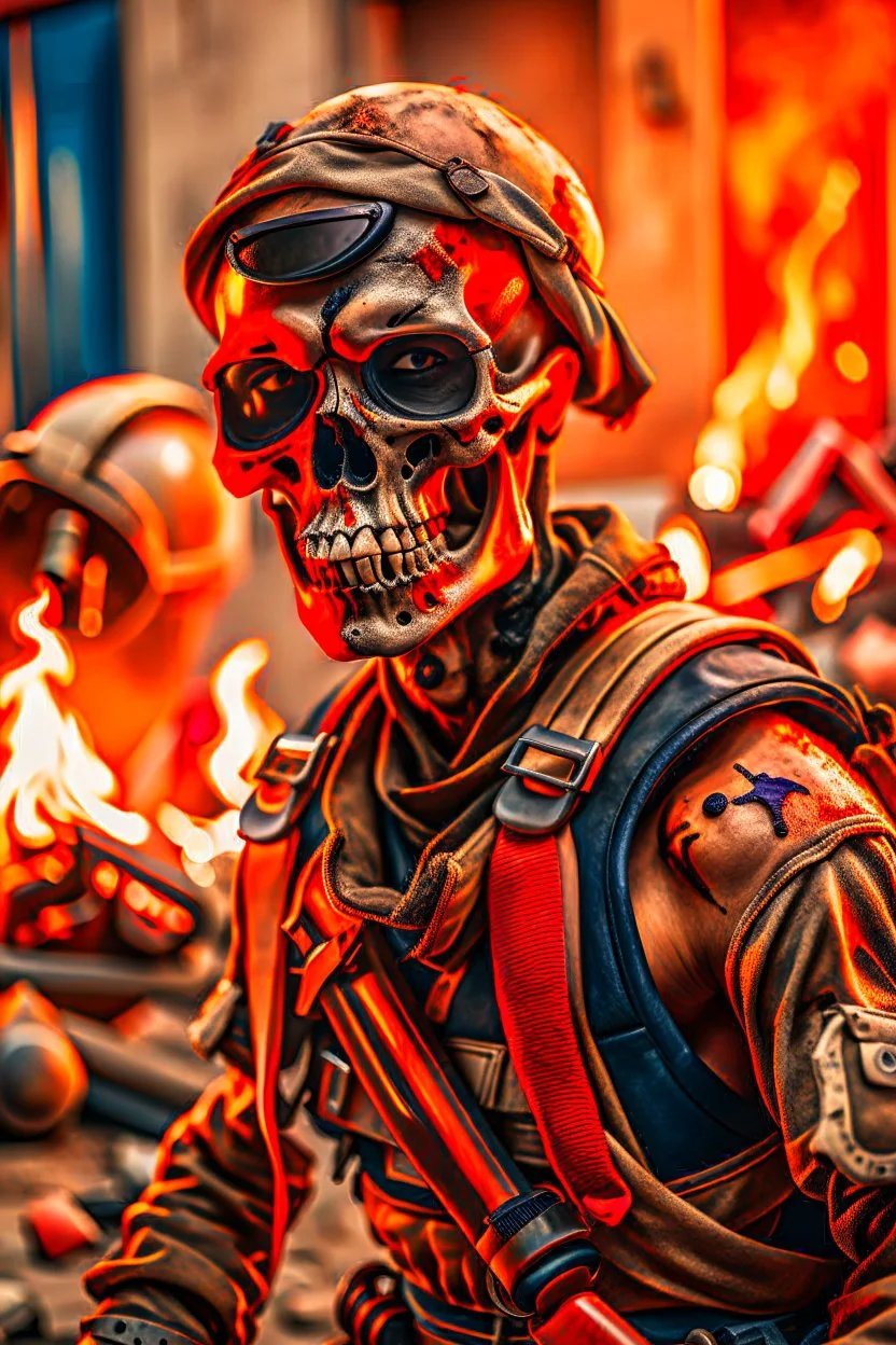 a scary looking skeleton, rising from the ashes, he was a war veteran, partially humanlike characteristics, army beret and ripped ammo wear, chaotic background, dramatic close-up action shot of him on a burned out war tanker a torpedo on shoulder -ready to fire ,gothic and chaotic background, 12k