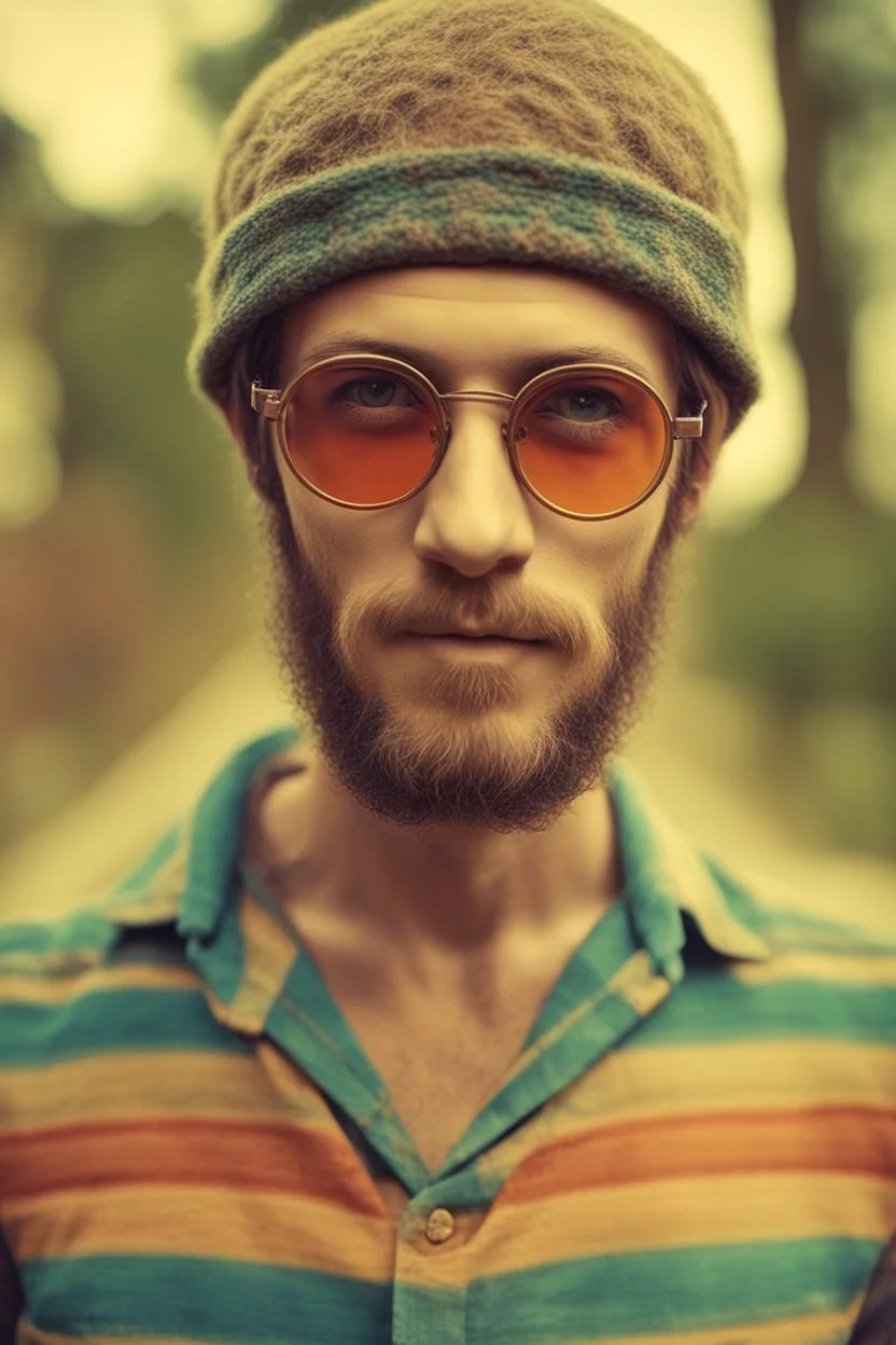 hippie young man with glasses of colours and poor and short short short and poor hair on the head with receding hairline. Farsightedness glasses with big eyes. Shirt beard in the head. Vintage look and feel like photo style-of the 70s