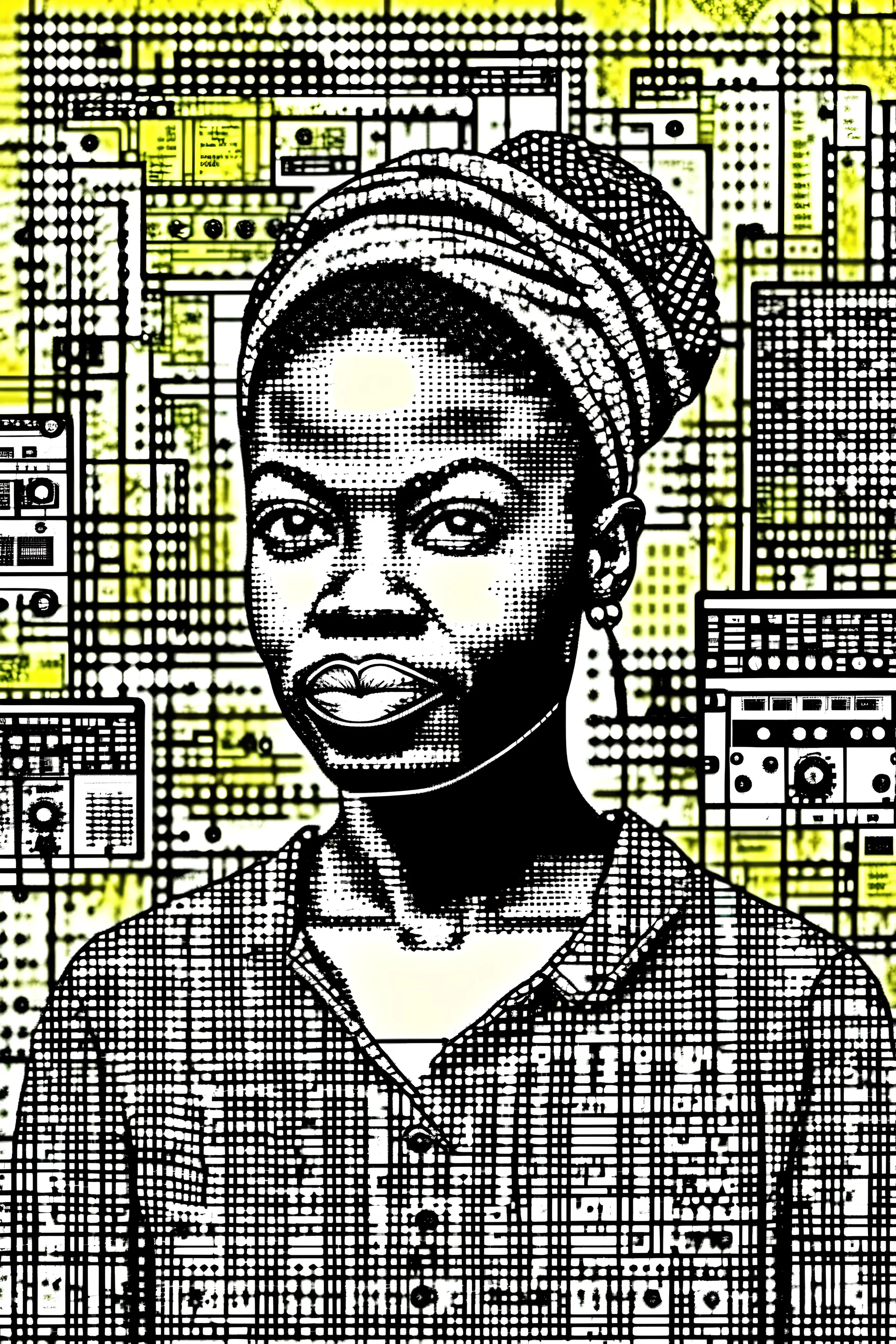 a mixed media portrait of a female african american computer programmer, digital art, screen print, wheat paste poster