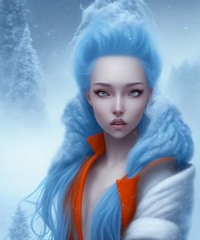 human kingfisher girl with blue hair and orange strand of hair wearing a blue winter coat