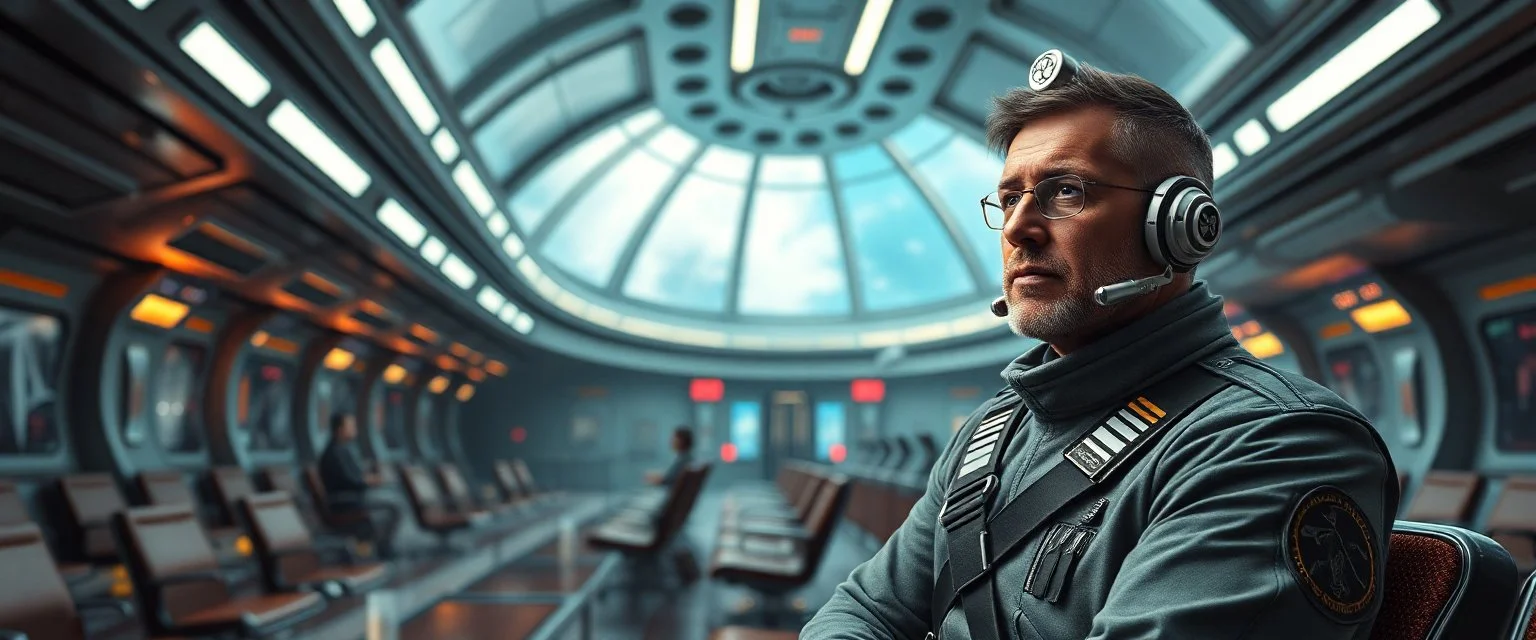 portrait of captain, in sci fi air ship waiting hall, in future dynasty