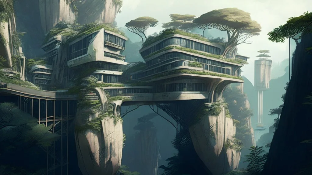 many alien buildings with balconies overhanging a cliff top with bridges and trees and rampant foliage