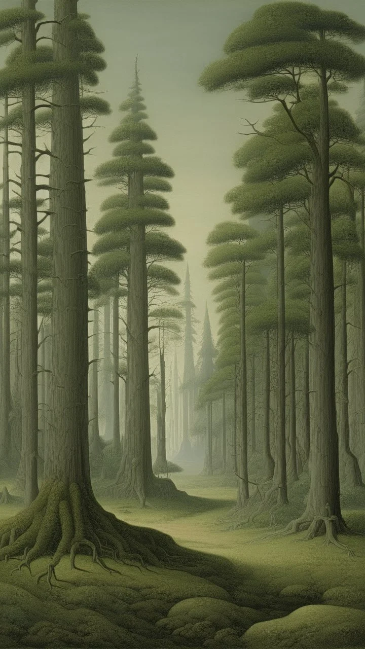 A grayish green forest with giant trees painted by Caspar David Friedrich