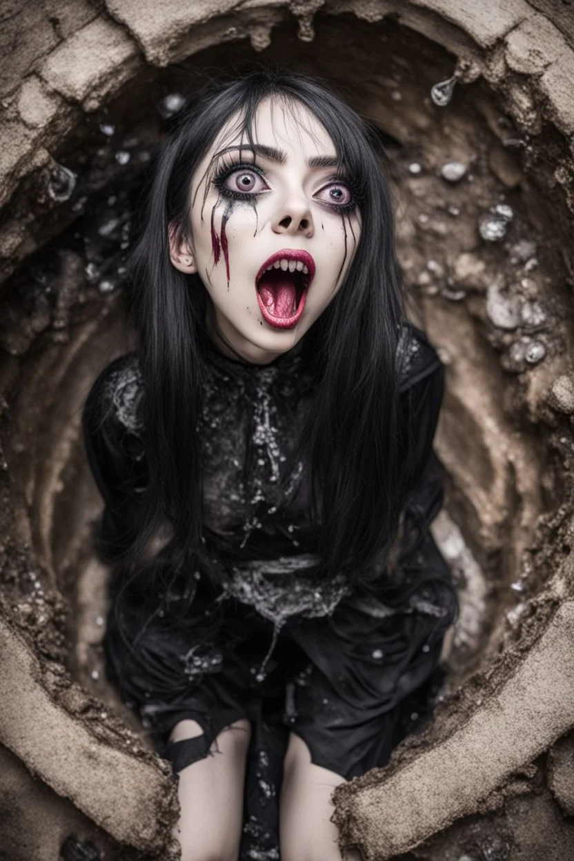 Closeup petite women goth with big eyes, fullbody, ragged clothes, slime, the perspective looking up from the bottom of an empty well, rolling eyes, tongue out, saliva drip, open mouth,