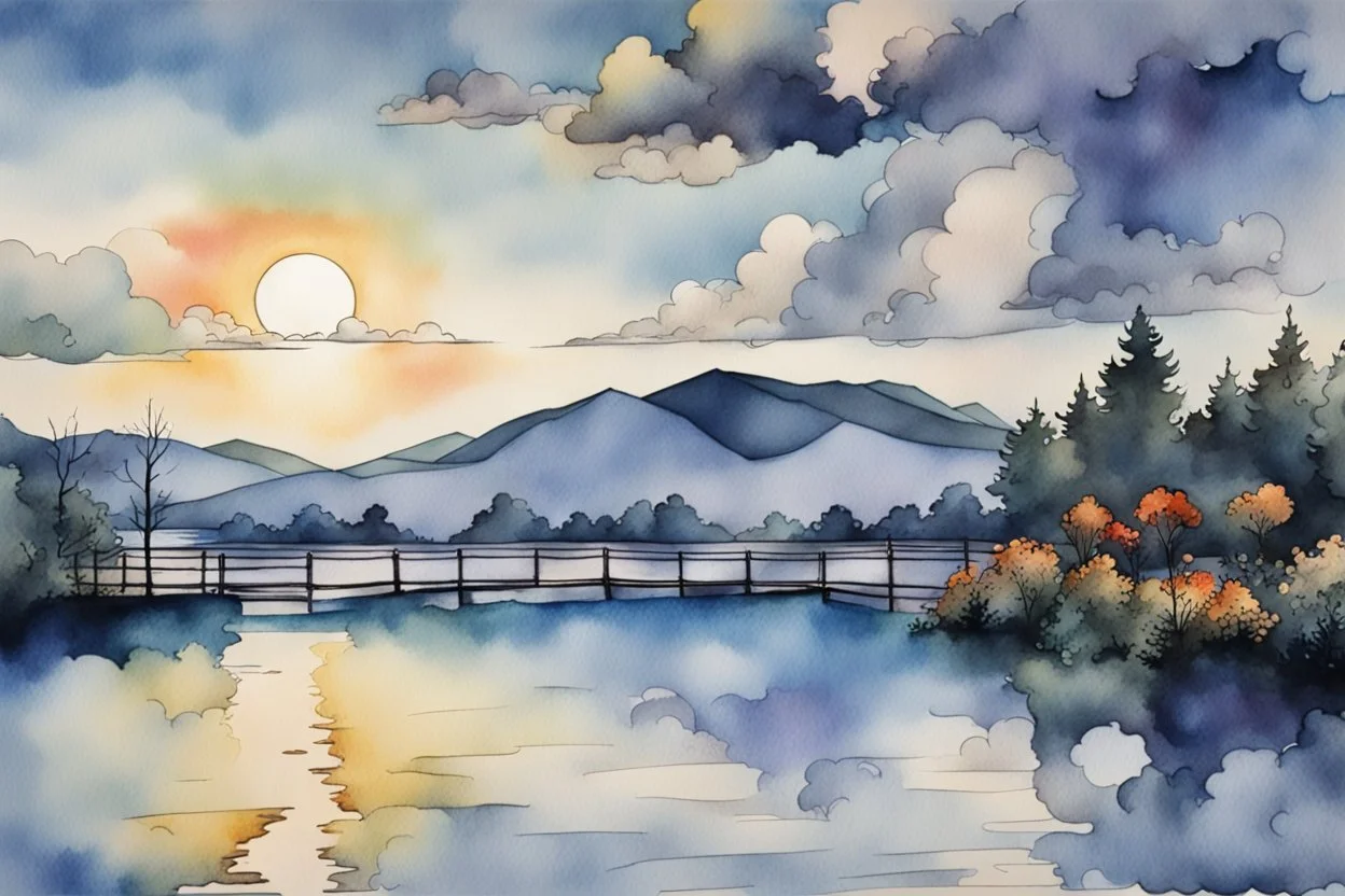 Urban sketch of a beautiful forest in ink and watercolor, storm clouds, full sunset, flowers, kurved path, old wood bridge, gull Modifiers: beautiful award winning