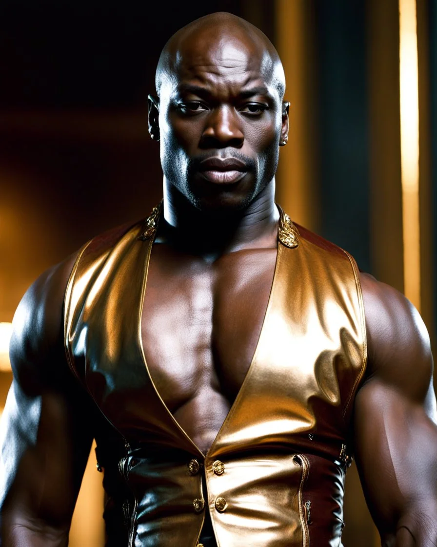 Adewale Akinnuoye-Agbaje as a handsome dark skinned and muscular heavy set man with a bald head and neatly trimmed beard. he is wearing a leather waistcoat and no shirt. he has a gold earing in his left ear. modern setting