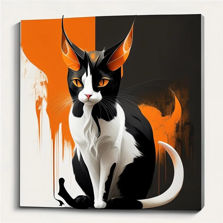 Orange, black and white palette cat in artistic style with horns