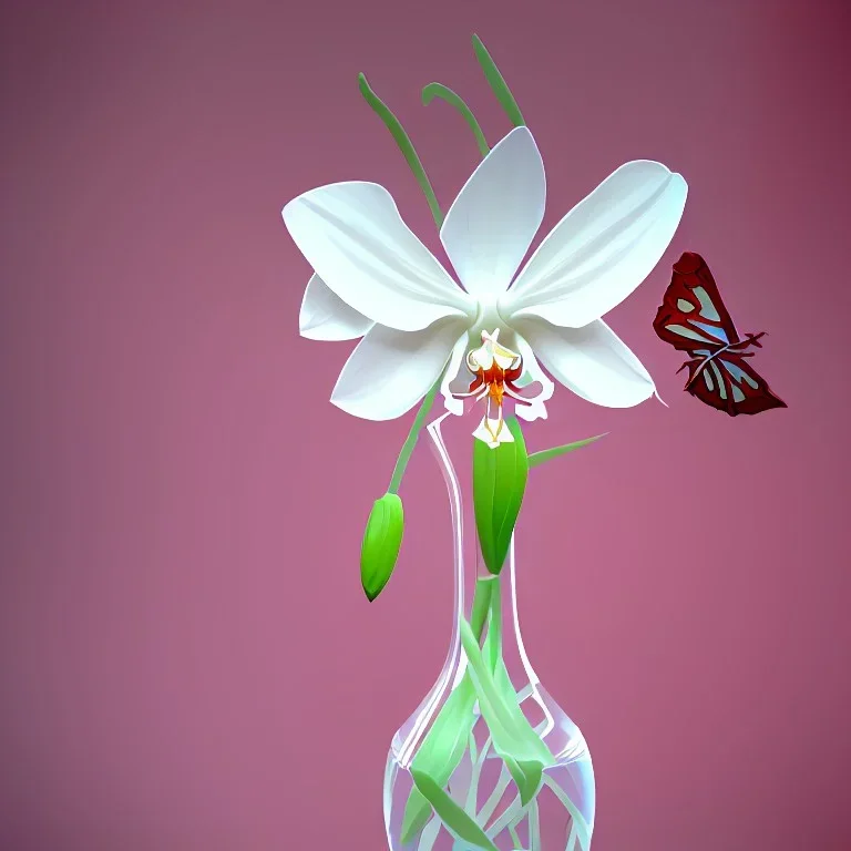Абстракция прозрачная Белая ванильная орхидея в вазе с красными бабочками кузнечик