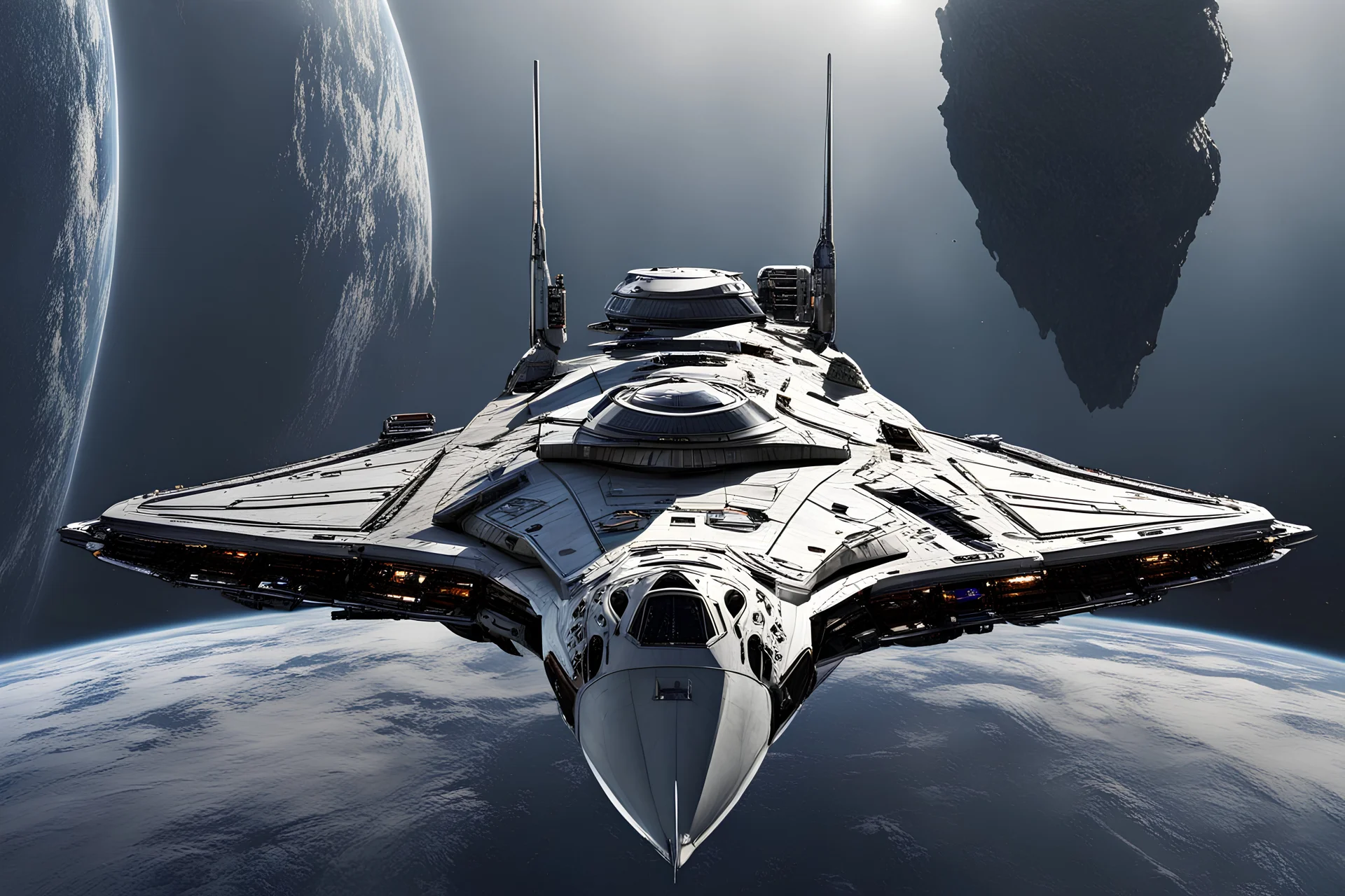 Large military space warship, futuristic, long, in orbit, hyper realistic, detailed, tough, menacing