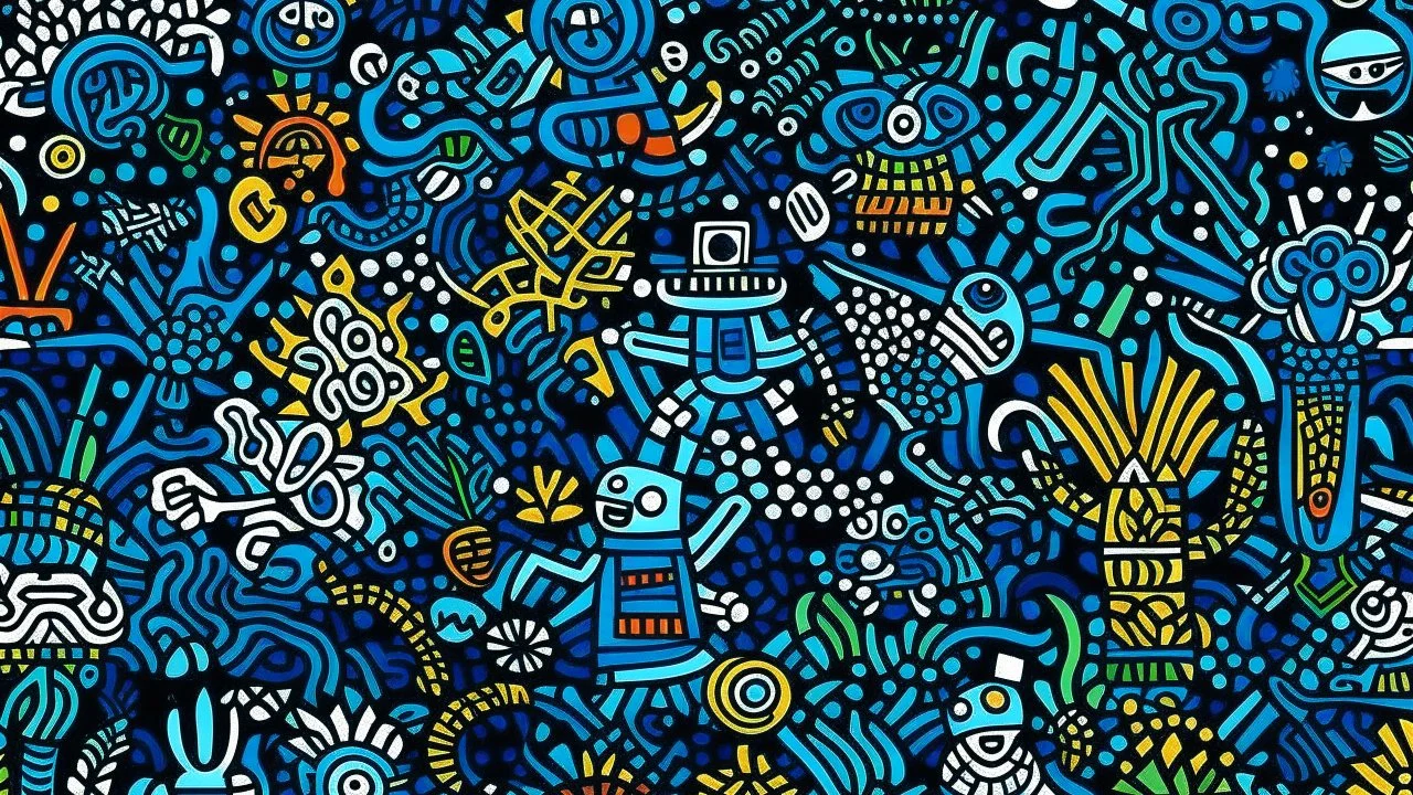 A dark blue underwater coral reef designed in Australian aboriginal art painted by Keith Haring