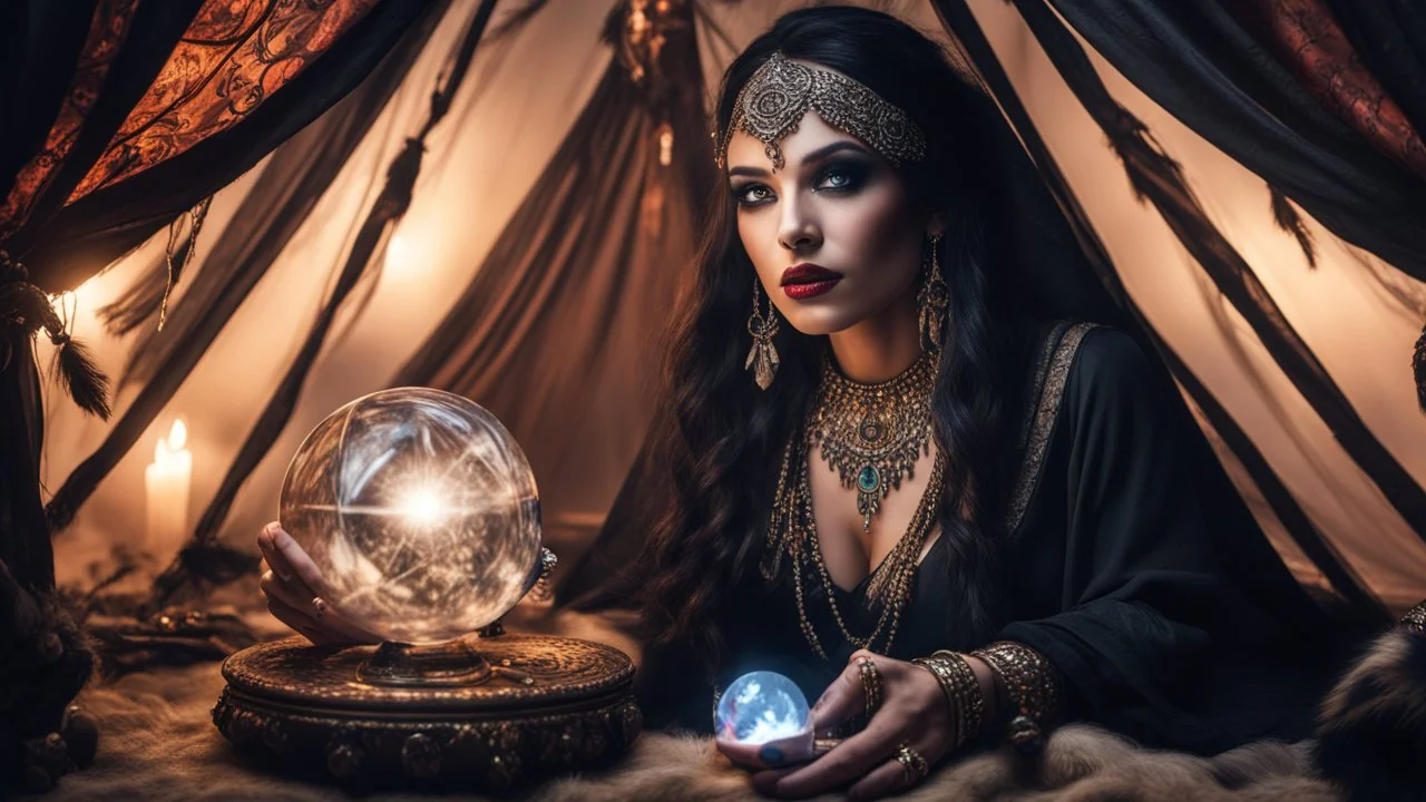 Hyper Realistic photographic-view of Wicked-&-Beautiful-Fortune-teller wearing black-beed-necklace-&-bracelet angrily Looking at her crystal-ball glowing magically & sitting in her tent decorated with fancy-traditional-ornaments-&-feathers showing dramatic & cinematic ambiance"