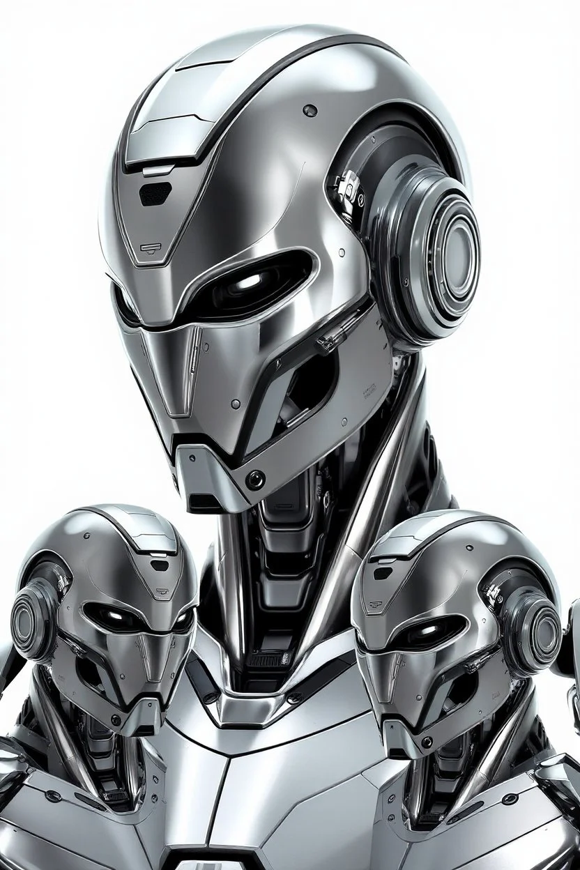 Create several images of a future advanced robot with advanced robotic and mechanical features. The head is entirely covered in shiny metal armor, and the face must remain in that position.