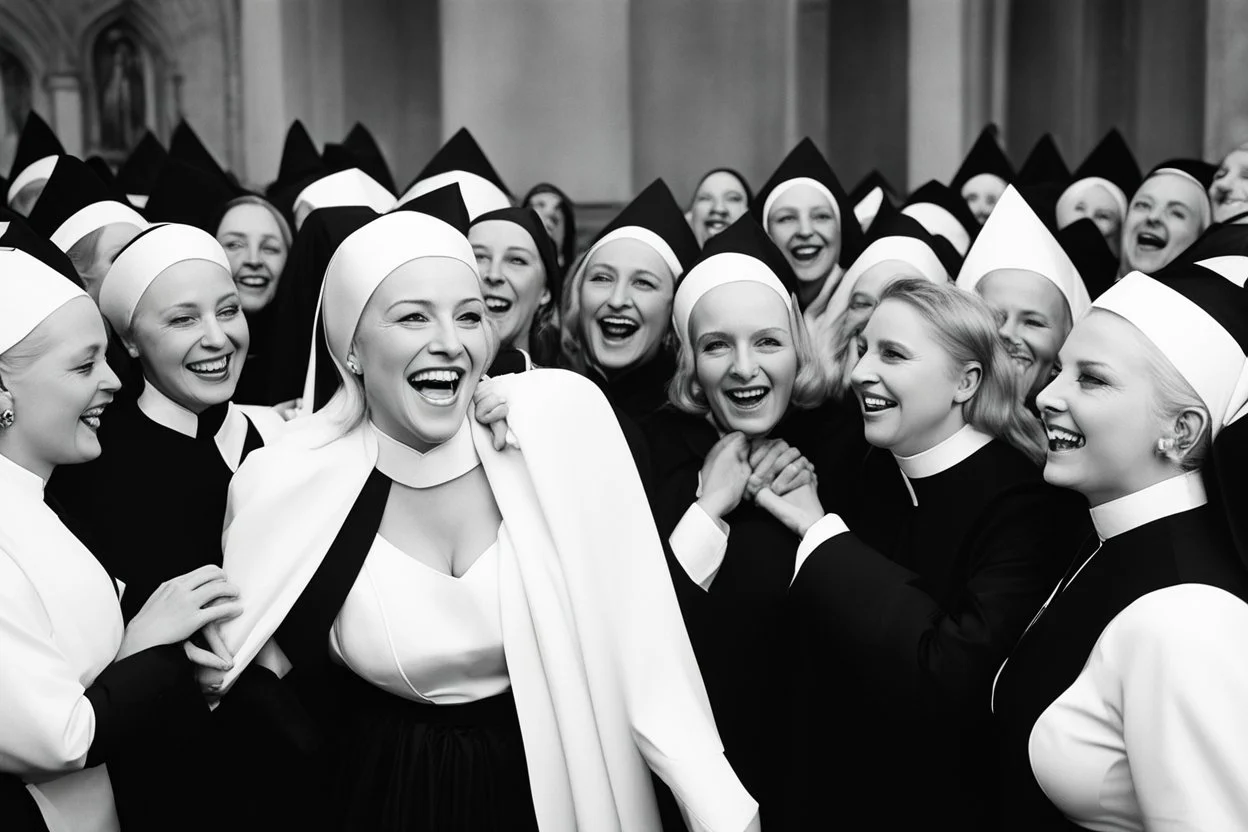 [very impressive high res masterpiece in Kodak Eastman 5247, scene by László Krasznahorkai] at her party, the blonde is surrounded by nuns, who tickle her endlessly. the gogo dancer writhes n the church, laughing as the nuns tickle her everywhere.