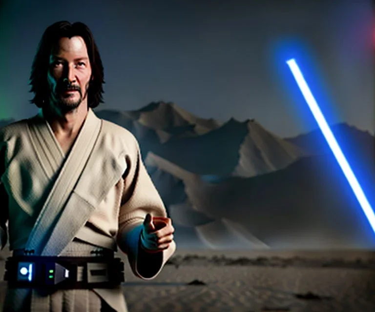 Star wars animation, Keanu reeves, samurai robe, holding lightsaber, hands, wrist gauntlets