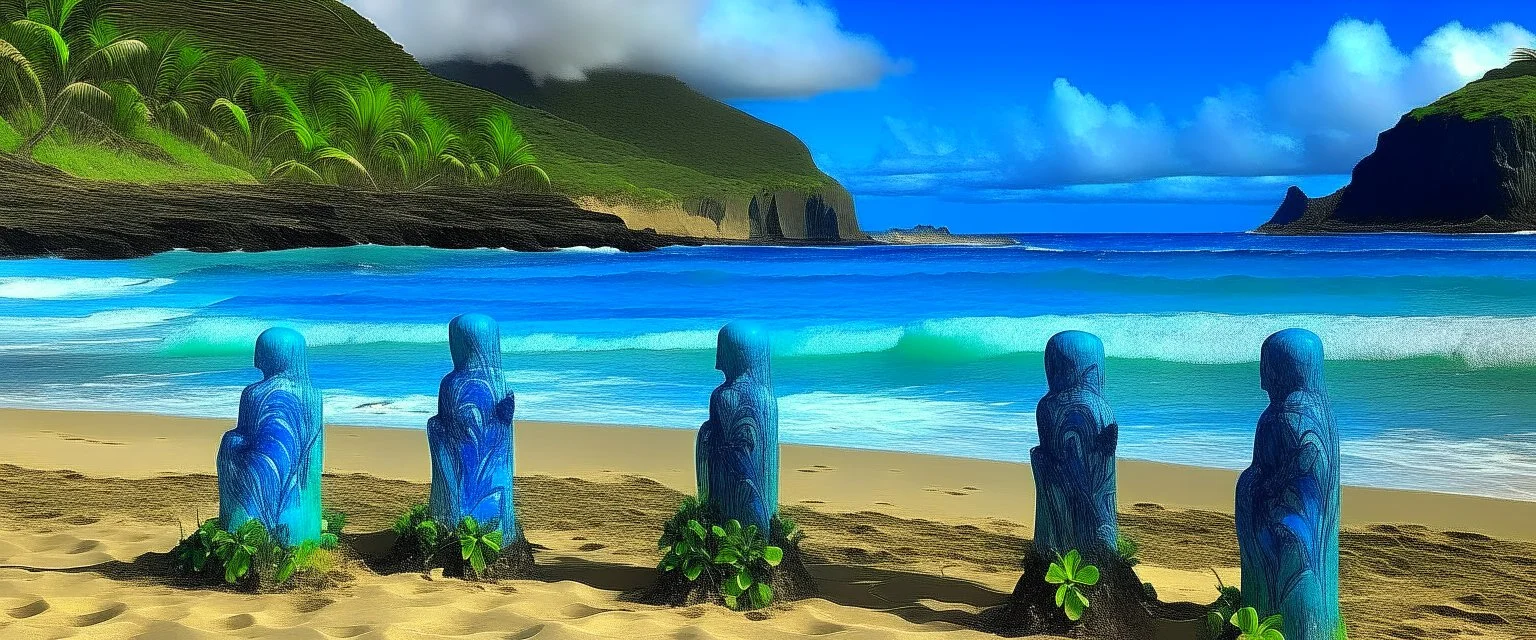 A beach with blue Hawaiian tikis painted by Claude Monet