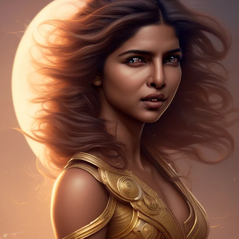 priyanka chopra, cute, beautiful, long hair, wavy hair, black eyes, head and shoulders portrait, cinematic, 8k, resolution concept art portrait by Greg Rutkowski, Artgerm, WLOP, Alphonse Mucha dynamic lighting hyperdetailed intricately detailed ,golden hour, face closeup ,hot goddess