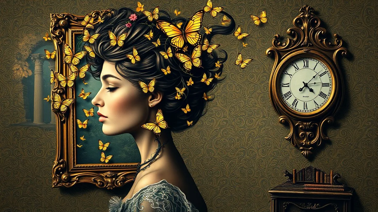 Hypnotic portrait of a woman with hair transforming into golden butterflies, antique wooden frame alive with flowering vines, room where shadows have their own color, art nouveau mirror showing past and future simultaneously, wall clock marking impossible hours, books gently floating, patterned wallpaper coming to life, García Márquez magical realism style