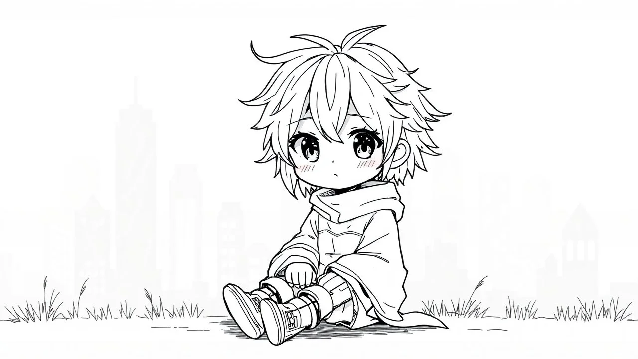 detailed manual graphic art style, cute mood, anime, detailed chibi face, sitting in modern-fantasy clothes, messy hair dreamline background, childbook style, detailed linework, highly detailed drawing, modern vibe, artwork, grayscale, no photorealism
