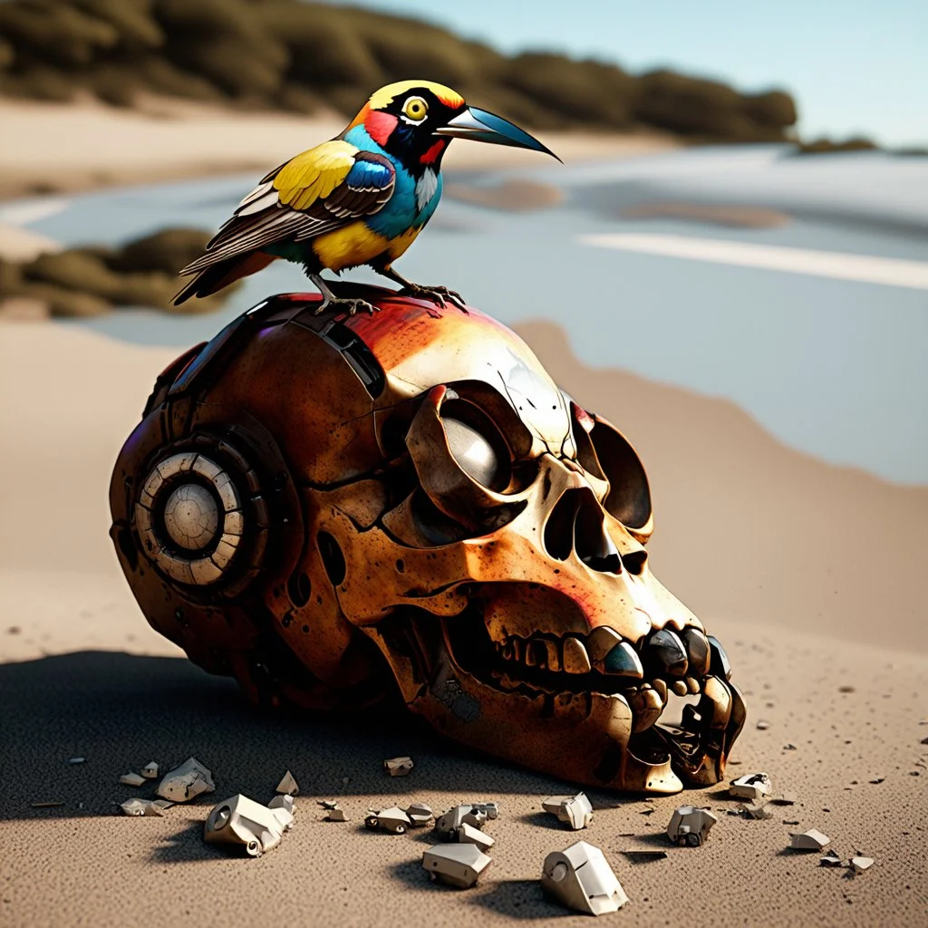 . Robot skull with bird on top of the head. Front view. Game Art