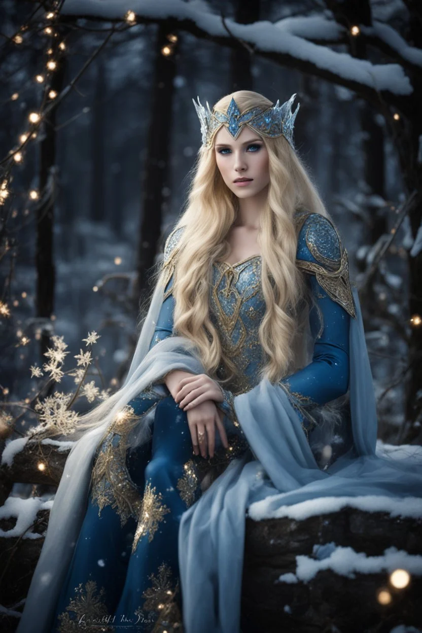 Elven princess,elven crown,long blonde golden hair,rapunzel hair,ice flowers,beautiful,light blue,dark blue,golden armor,sparkle,glitter,ice flowers,snow,elven ears,dark fairy princess