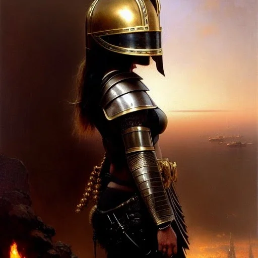 portrait 'Beautiful booty, Busty Blonde in black bra ',ancient metal armor and helmet ,painting by gaston bussiere, greg rutkowski, yoji shinkawa, yoshitaka amano, tsutomu nihei, donato giancola, tim hildebrandt, oil on canvas, cinematic composition, extreme detail,fit full head inside picture,16k