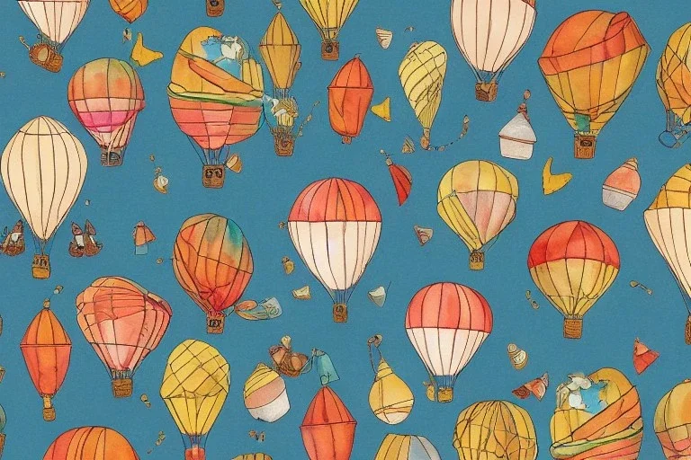 giftwrap pattern with watercolor of hot air balloons, children's book illustration, white parchment paper, wrapping paper, white linen, in the style of e. h. shepard, in the style of classic winnie the pooh