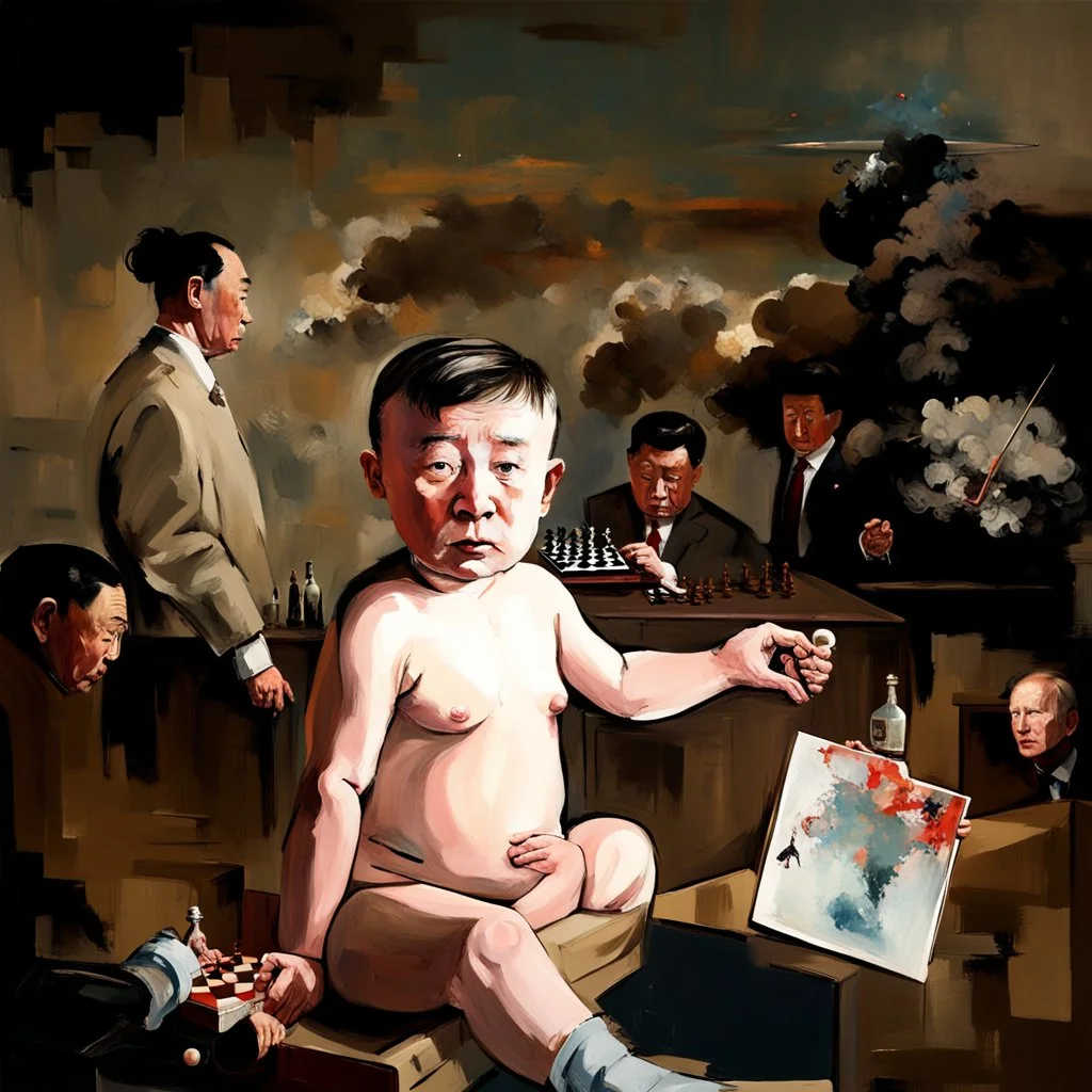 Putin, President Xi Of China And Joe Biden Play Chess With Atomic Bomb Mushroom Cloud,Complex Surgical Instruments Intermixed With A Newborn Boy,Minimalism,Painting By Adrian Ghenie,Rene Magritte,Pablo Picasso,Michelangelo,Salvador Dali,Lucian Freud