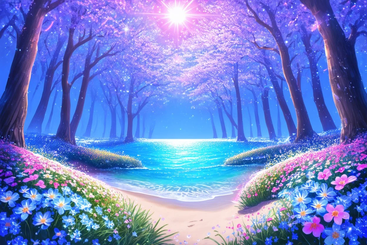 enchanted cosmic forest in spring with bright little flowers and little gems and crystals with a crystalline sea and beach