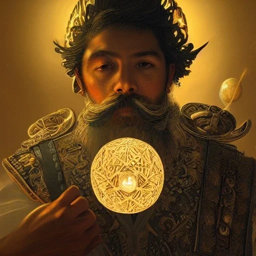 Insanely detailed photograph of an “mariachi warrior holding glowing D20” with intricate detailed beard, intricate clothing, hyperdetailed painting by Ismail Inceoglu Huang Guangjian and Dan Witz CGSociety ZBrush Central fantasy art album cover art,8K, hdr, mysterious, flickeringlights ,Stoic