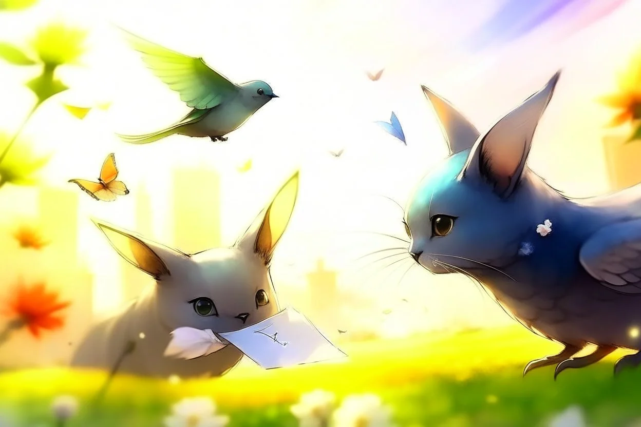 two cute anime chibi cats on either side of the picture looking at a pigeon in the top centre of the picture, flying with an envelope in its mouth in sunshine, flowerfield, watercolor and black ink outlines, ethereal, cinematic postprocessing, bokeh, dof