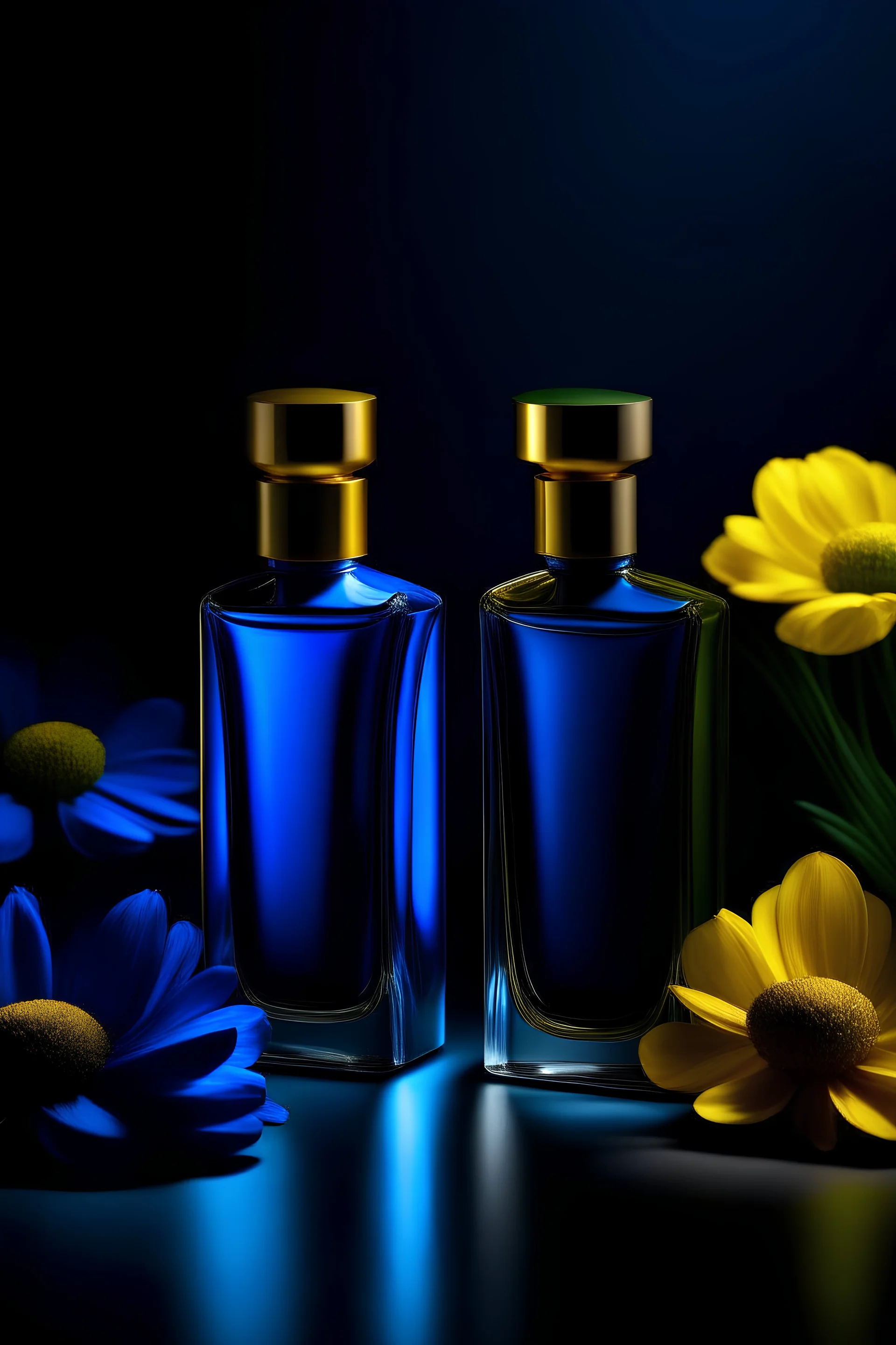 Two blue and yellow perfume bottles that have a minimal design and are located among blue and yellow flowers in a dark space