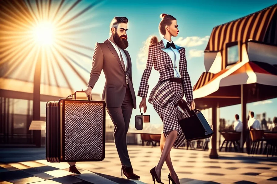 bearded man in elegant suit with checkered skirt on high heels standing next to a restaurant holding a laptop case in sunshine