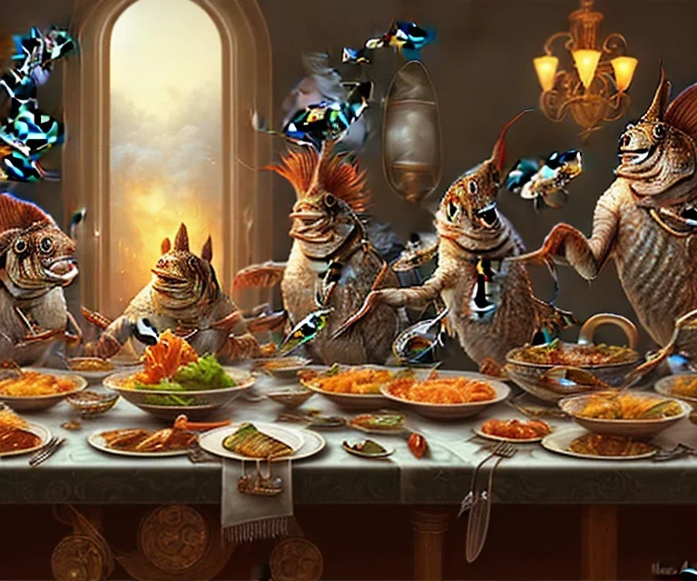 supper, fish sit at the table and eat pieces of people.