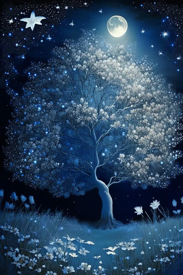 a background of softly blended blues, greys, silvers, and whites with distant, twinkling stars in the sky, an a moon casting a soft glow of light on a foreground of a field of various flowers surrounding a tree of life