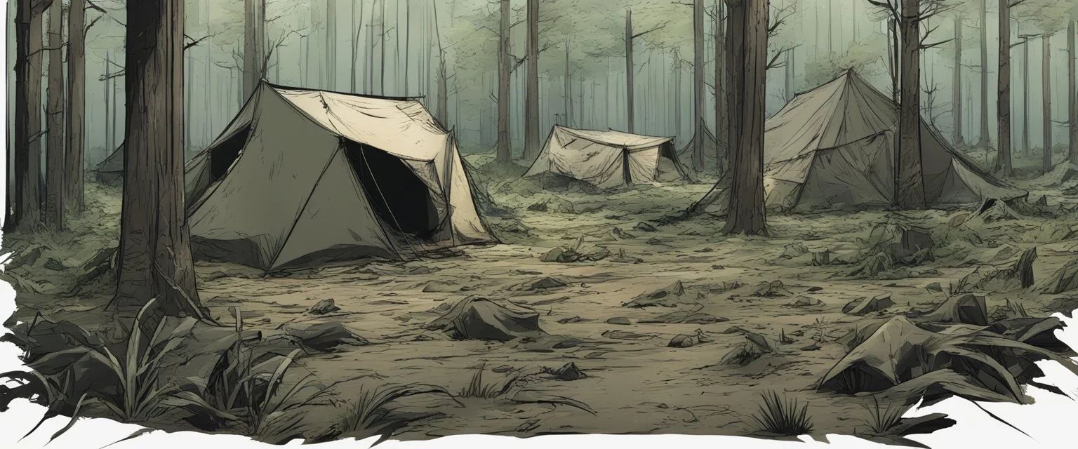 campsite, tents, overgrown, post-apocalyptic, comic book, forest, cinematic,