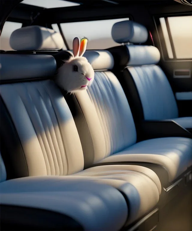 Ultra realistic back seat of limousine image, wide angle view, Alice woman and white rabbit man, many color balls, circus clothing, long hair, smoke, feather long coat, soft color, highly detailed, unreal engine 5, ray tracing, RTX, lumen lighting, ultra detail, volumetric lighting, 3d, finely drawn, high definition, high resolution.