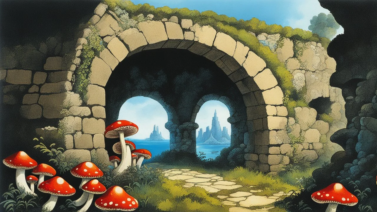 Mushrooms with octopus tentacles with a crumbling stone wall and an arch behind, Roger Dean style