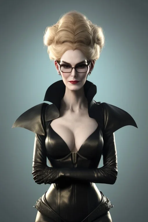 Carmen Dell`orifice as evil queen in black leather, leather, busty, cleavage, angry, stern look. character design by cory loftis, fenghua zhong, ryohei hase, ismail inceoglu and ruan jia. unreal engine 5, artistic lighting, highly detailed, photorealistic, fantasy