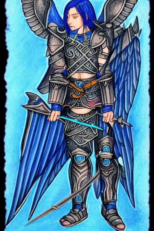 a person in runic armor with blue wings, blue short hair, runic tattoo and spell book