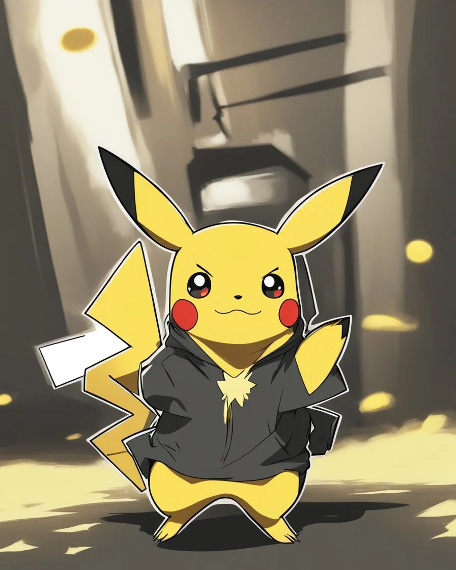 Pikachu has a black body with a yellow line in the ears and tail and two yellow spots in the cheeks