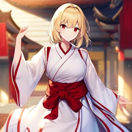 Clear Focus, High resolution, girl wearing a miko outfit, wearing a short white skirt, sleeveless, medium hair length, fluffy tight hair, blonde hair, red eyes, wearing red bow behind hair