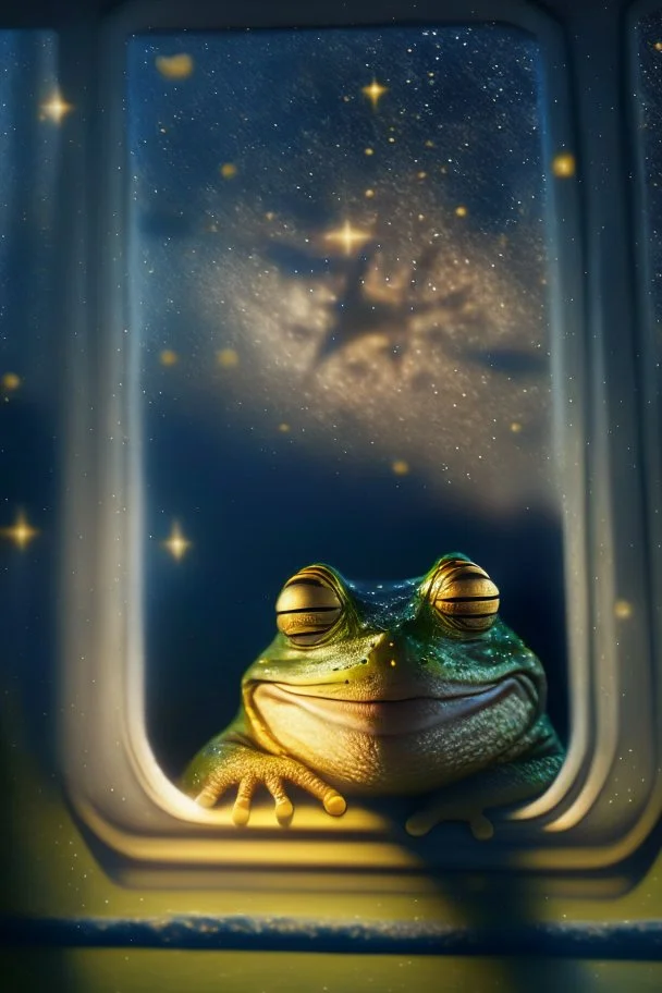 smiley frog with background star field seen in the window of a boat, 4 k, trending art, depth of field, high detail, high contrast