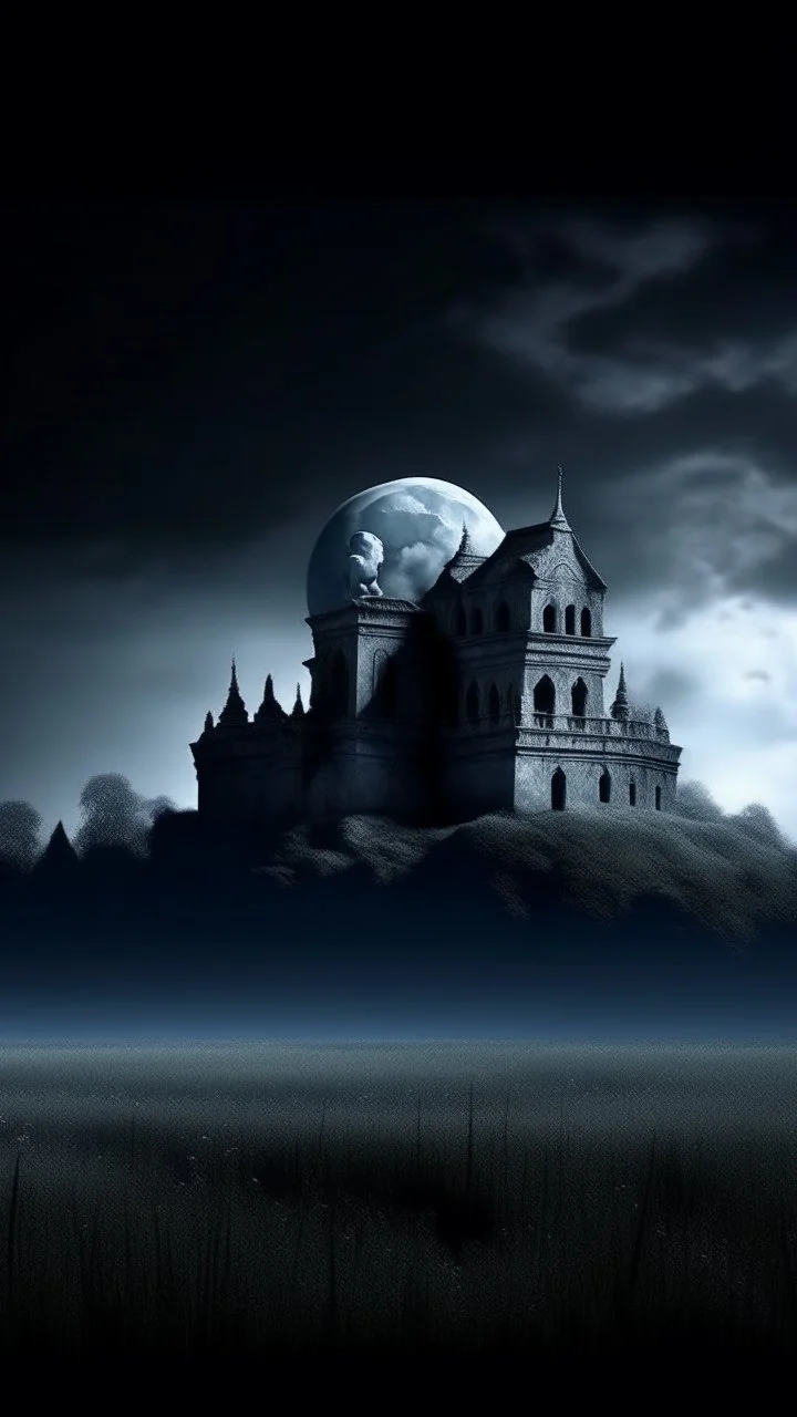 A moon in the blued blurry dark sky background and out of this world galaxy in a blue and gray cloud of stormy weather a many large amount hooded dark shadows ultra hi quality picture with cinematic science, tragedy, a small black birds big field of grass near front .A creepy old black big castle in the background