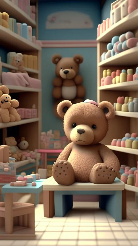 3d imge of teddy sit on table inside th middle of baby shop or baby store