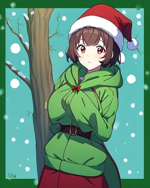 Girl with short brown hair, red eyes, green sweatshirt with a horizontal yellow stripe, he is wearing a Christmas hat, and in the background there are trees in the cold winter with lots of snow, Anime Hq style