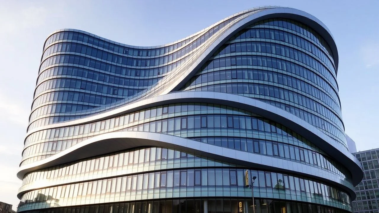 A stunning office building shaped like a sinusoidal wave, with the undulating curve running along its length. The façade is made from alternating bands of reflective glass and matte metal, giving it a dynamic, flowing appearance that changes depending on the angle of the sunlight. The curving waves wrap around the structure, creating a rhythm that mimics the rise and fall of mathematical waves. Award-winning photograph.